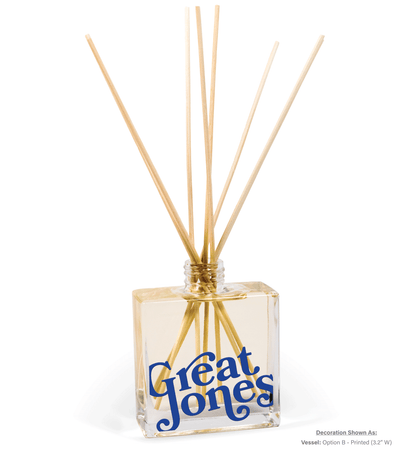 8 oz clear glass reed diffuser bottle displaying custom logo imprint with natural reeds, elegant promotional product for corporate branding
