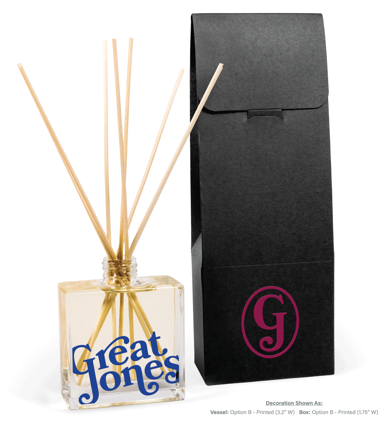 8 oz clear glass reed diffuser bottle with custom branding, showing professional quality promotional product with natural reeds