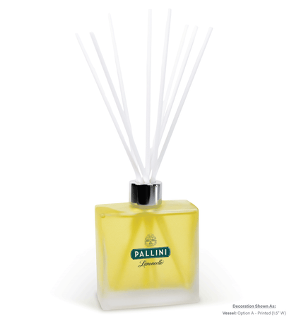 8 oz frosted glass reed diffuser with white reeds and custom imprint, showing front view of the product