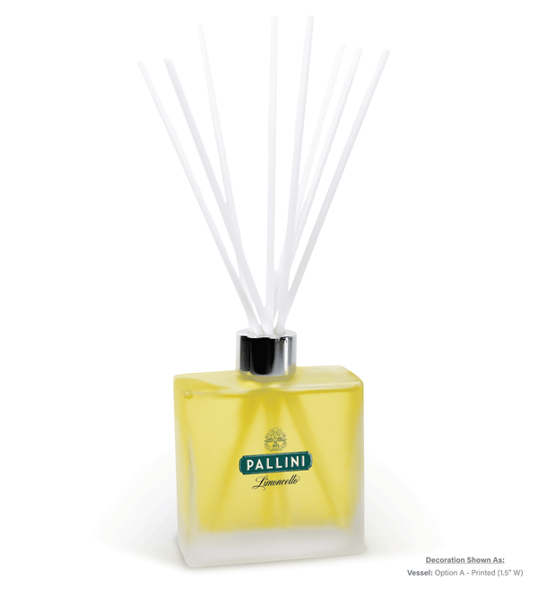 8 oz frosted glass reed diffuser with white reeds and custom imprint, showing front view of the product