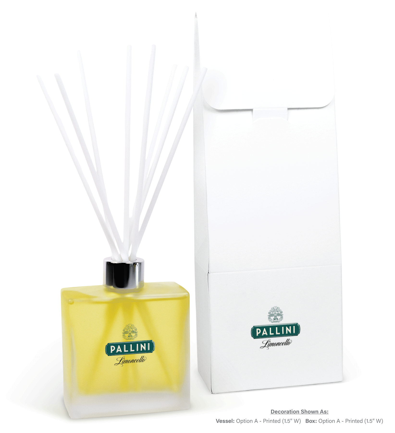 Close-up view of 8 oz frosted reed diffuser showing white gift box and reed placement detail