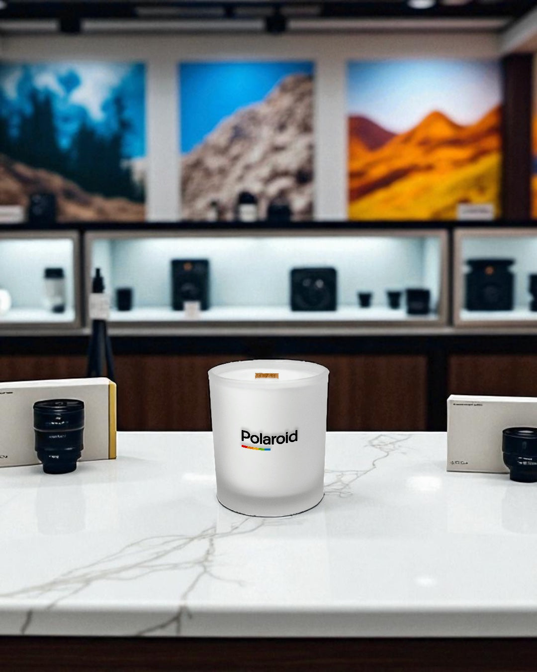 A frosted 14 oz. glass candle with wooden wick and logo sits on a white marble surface, surrounded by camera lens boxes in a modern retail display with colorful landscape photographs on the wall behind