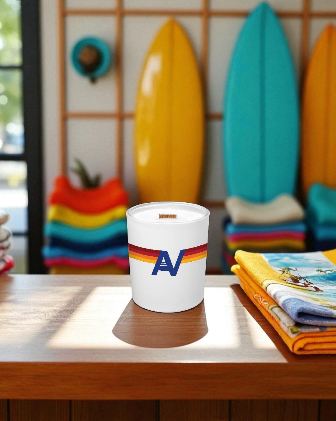 A white 14 oz. candle with wooden wick featuring a colorful striped logo and blue 'A' sits on a wooden surface next to folded beach towels, with colorful surfboards displayed on a wooden rack in the background