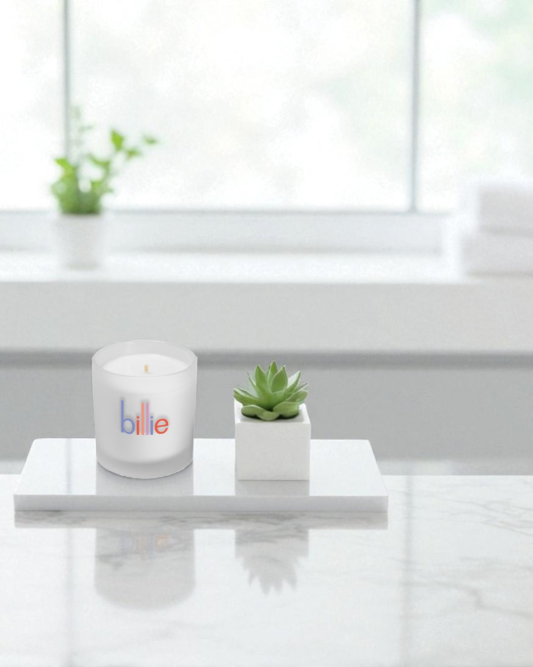 A frosted 9 oz. glass candle with colorful imprint sits on a modern white geometric shelf next to a small succulent plant in a white pot. The scene is set in a bright, minimalist bathroom with a window and additional plants visible in the soft-focused background.