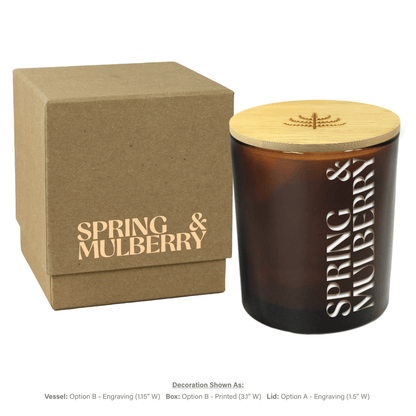 14 oz custom engraved amber luxury candle with kraft gift box and lid on