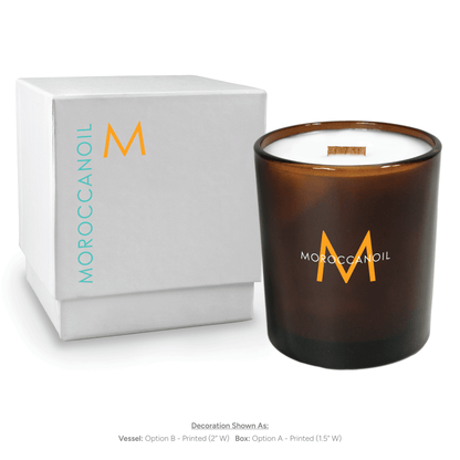 14 oz amber luxury candle with white gift box without lid, displaying custom branding