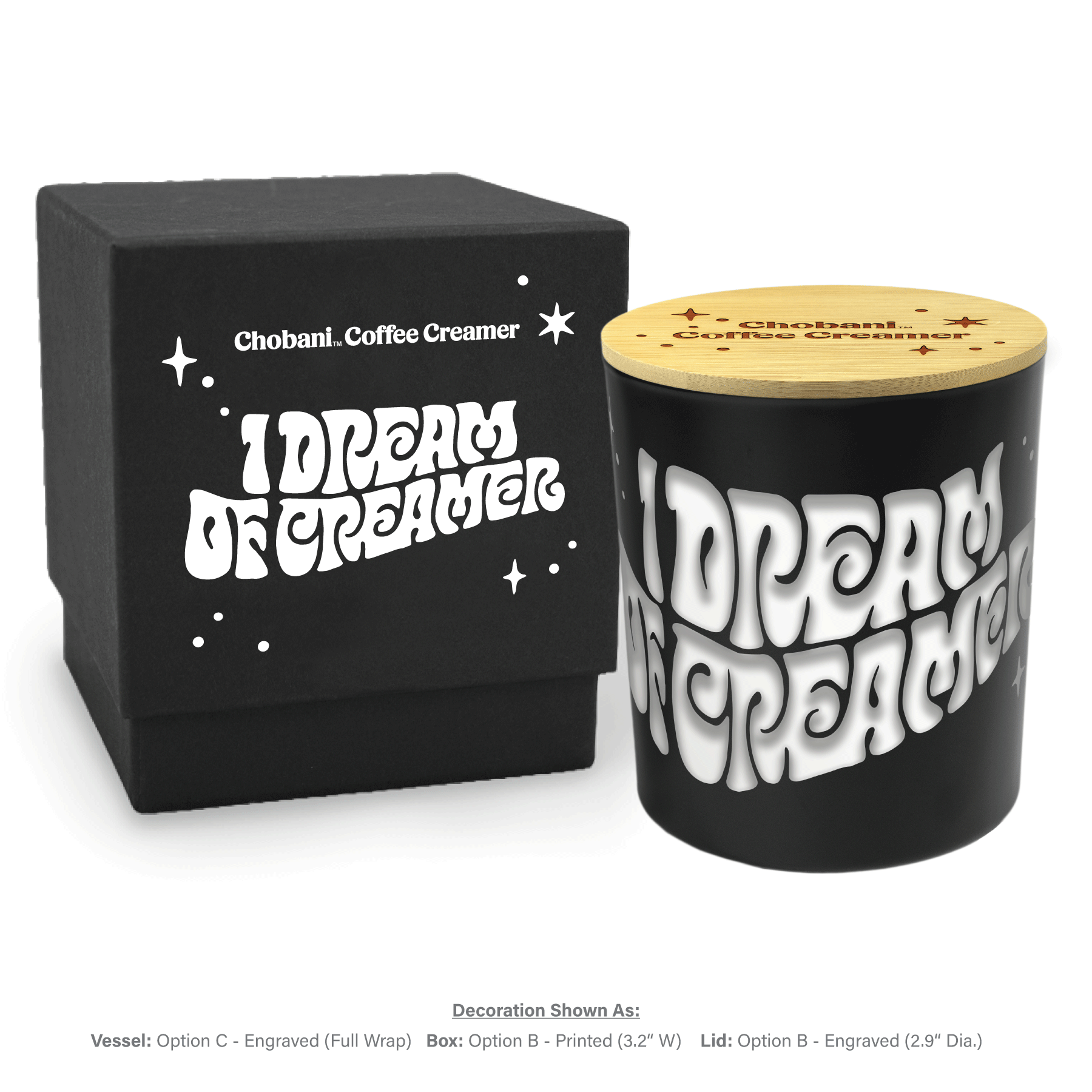 Close-up view of 14 oz black luxury candle showing engraved personalization detail and an accompanying engraved lid