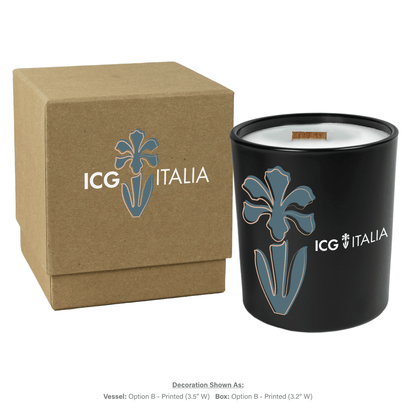 14 oz black glass candle with wooden wick and white wax next to matching kraft gift box, both featuring multicolor branding.