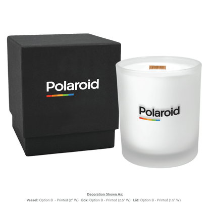 14 oz frosted glass luxury candle with elegant black gift box and custom logo printing area highlighted
