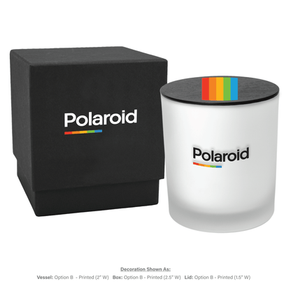 Close-up view of 14 oz frosted luxury candle showing black lid and black gift box.