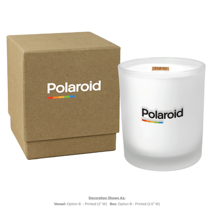 14 oz frosted glass luxury candle with elegant kraft gift box and custom logo printing area highlighted