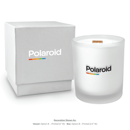 14 oz frosted glass luxury candle with elegant white gift box and custom logo printing area highlighted
