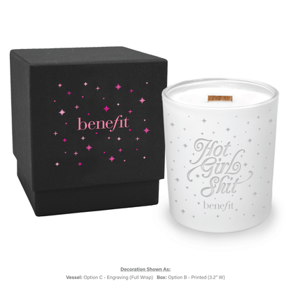 14 oz engraved luxury white soy candle with wooden wick and black gift box, lid removed showing candle