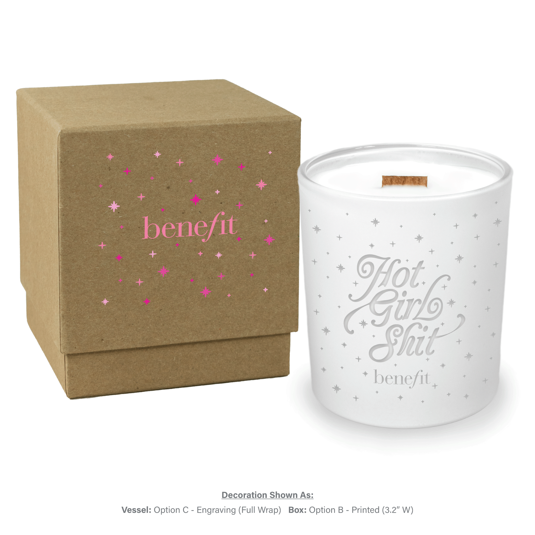 14 oz engraved luxury white soy candle with wooden wick and kraft gift box, lid removed showing candle