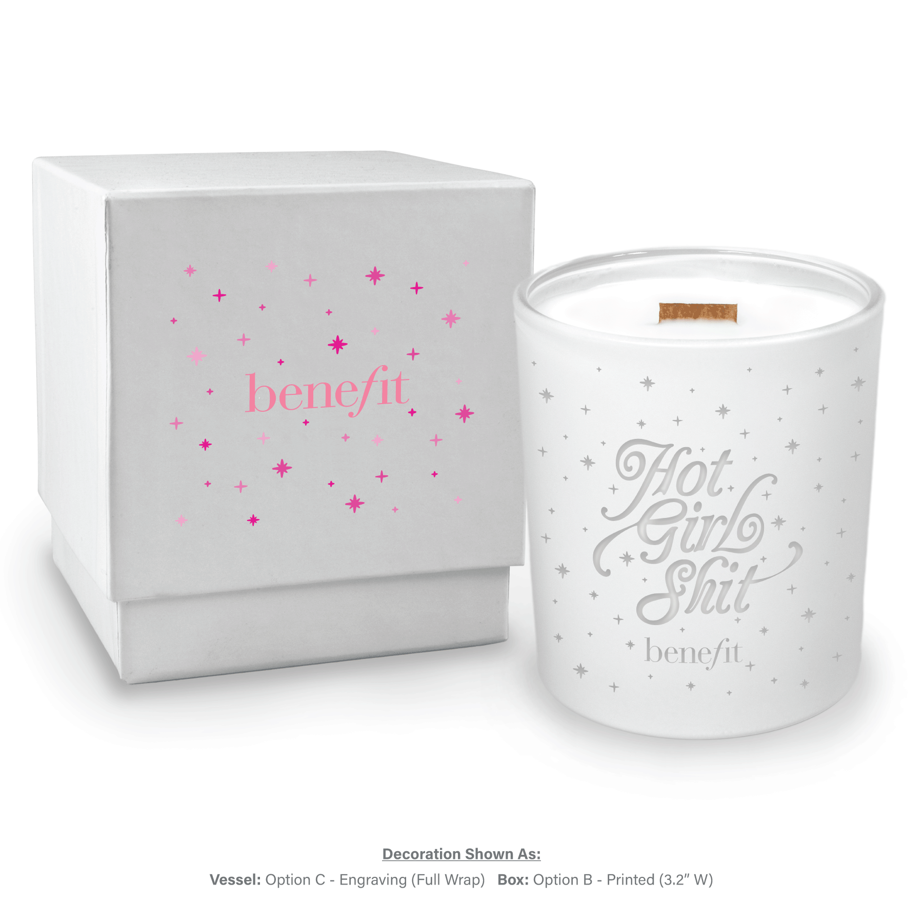 14 oz engraved luxury white soy candle with wooden wick and white gift box, lid removed showing candle