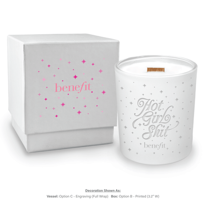 14 oz engraved luxury white soy candle with wooden wick and white gift box, lid removed showing candle