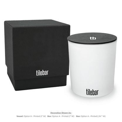 14 oz luxury white soy candle with wooden wick in black gift box with matching lid, featuring 1-color imprint