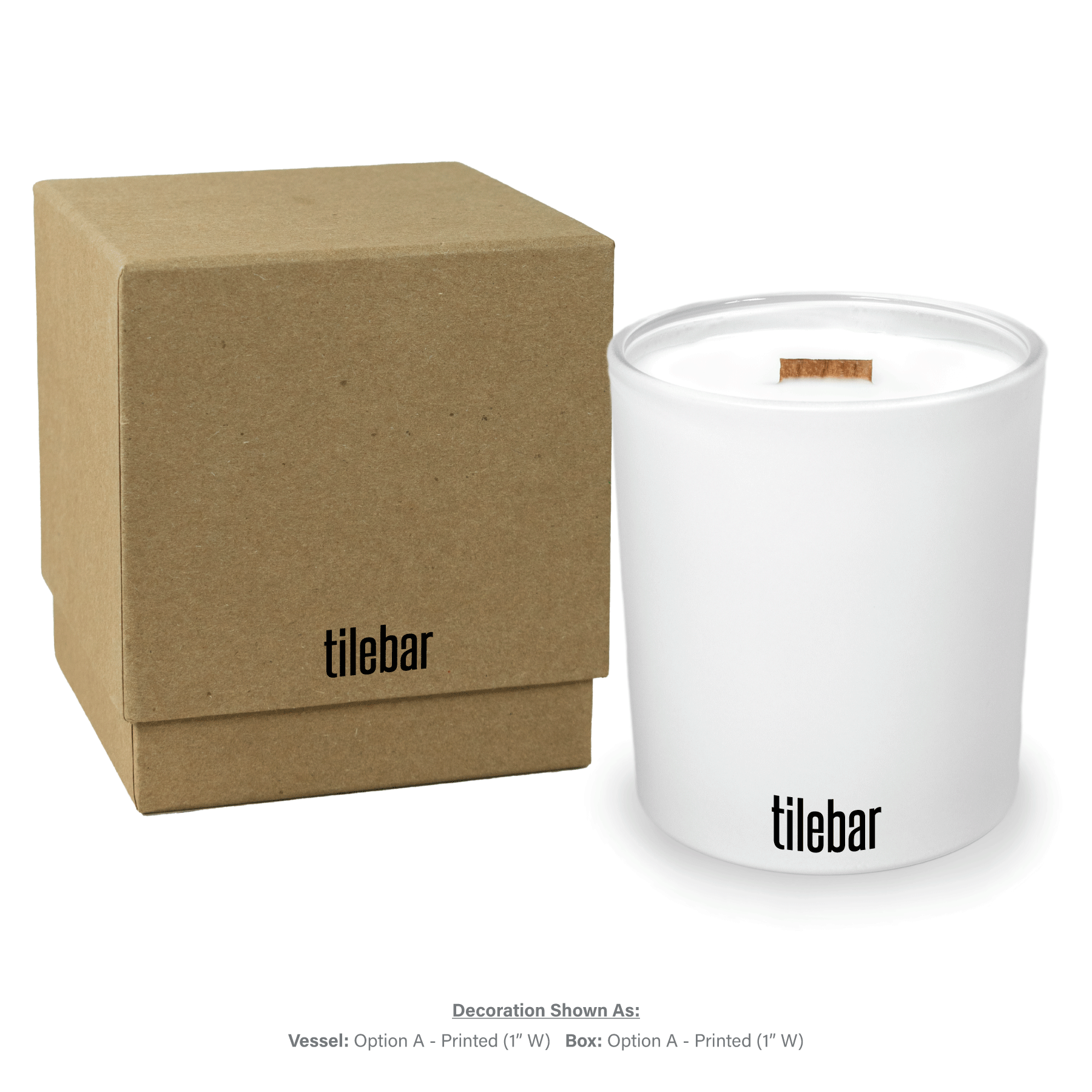 14 oz luxury white soy candle with wooden wick in kraft gift box, featuring 1-color imprint