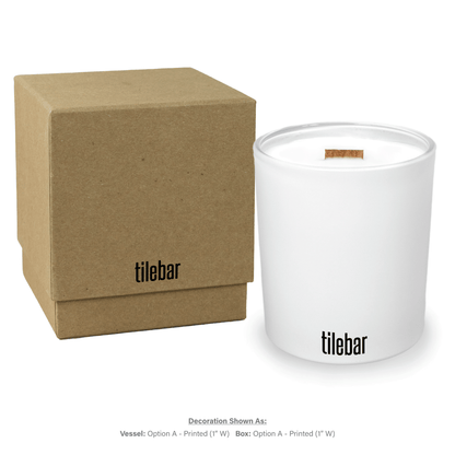 14 oz luxury white soy candle with wooden wick in kraft gift box, featuring 1-color imprint