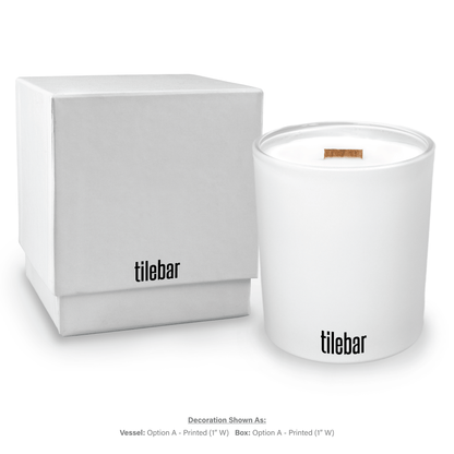 14 oz luxury white soy candle with wooden wick in white gift box, featuring 1-color imprint