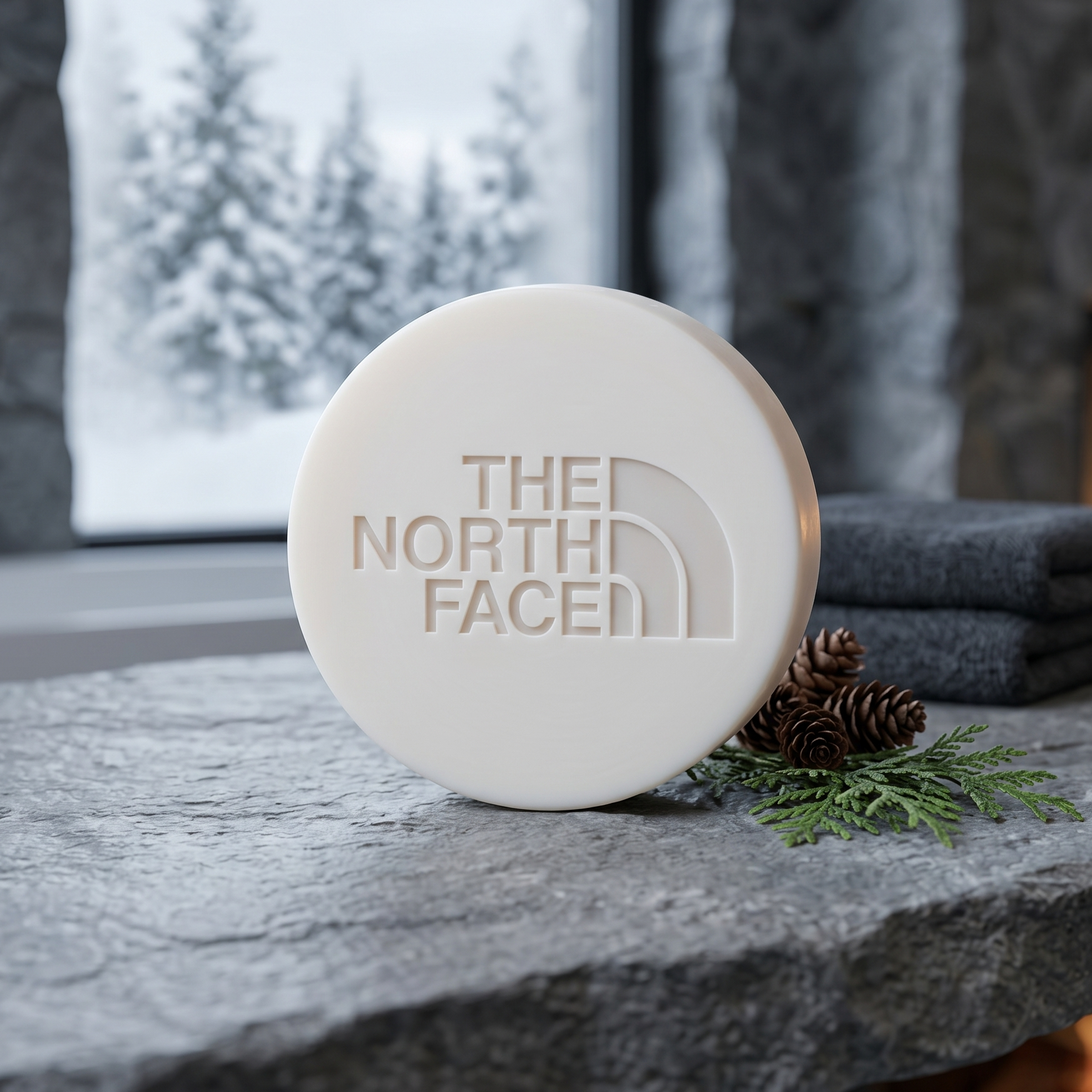 Branded soap bar on a stone surface with a fireplace and trees in the background